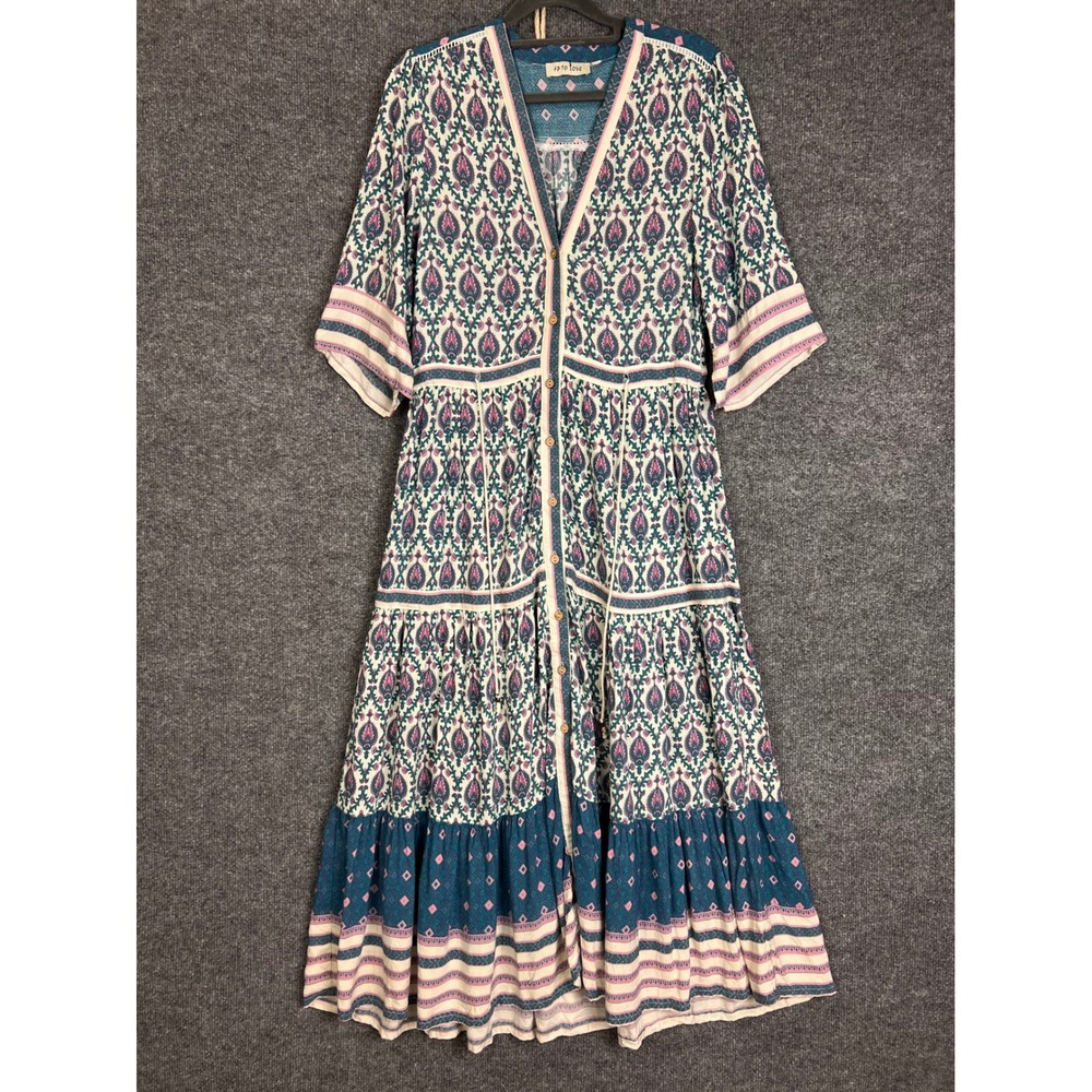 FP TO LOVE Maxi Dress Womens S Blue Pink Excellent Boho Paisley Button Down
